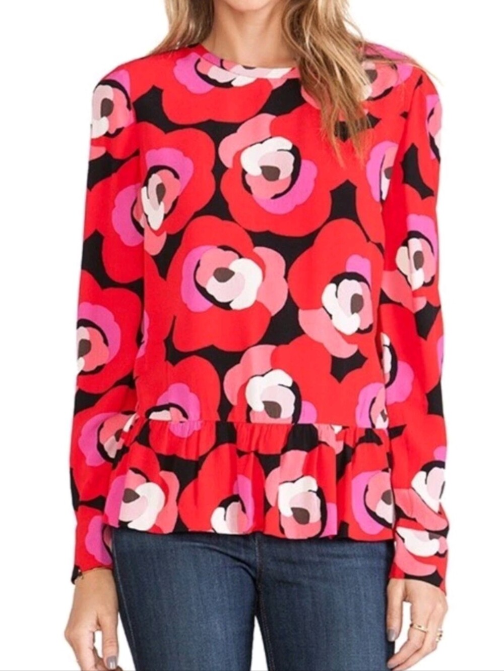 Kate Spade Deco Rose Peplum Top in Orient Red